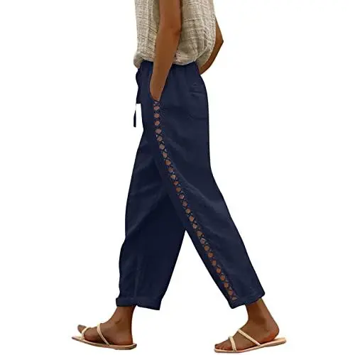 Produktbild: DHYUEN Sommerhosen Damen Leicht Und Luftig Mit Tunnelzug Und Taschen 3/4 Hose Sommer Hosen Damen Locker Pumphose Mode Jogginghose Wanderhose 7/8 Hosen Damen Sommer Trachtenhose Haremshose（1-Navy，XXL）