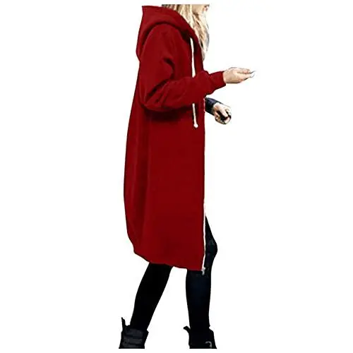 Produktbild: Steppjacke Damen Leicht,Sweatjacke Damen,Damen Sweatjacke Hoodie Langer Kapuzenpullover mit Zipper Sweatshirt Jacke Langarm Pullover Herbst Winter Kapuzenjacke,Rot,L