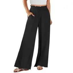 Produktbild: DHYUEN Yogahose Damen Baumwolle Bequem Strandhose Kurze Hosen Damen Sommer Lounge Hose Elastische Hohe Taille Schlupfhose Hosenanzug Leichte Sommerhose Damen Lang Pumphose Boho Hose（Schwarz，M）