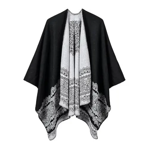 Produktbild: DHYUEN Winterschal Damen Locker Cardigan Grüne Decke Gestreifte Strickschal Kap-Schal Weich Freizeit Schal Grün Strick Ponchos & Capes Günstig Strick Ponchos & Capes Für Damen（3-Black，Einheitsgröße）
