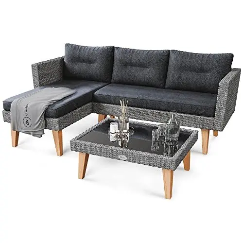 Produktbild: di volio Garten Ecksofa Polyrattan Imola – Gartenmöbel-Set mit eleganten Holzbeinen aus Eukalyptus in DREI Farben - FSC-Zertifikat (grau)