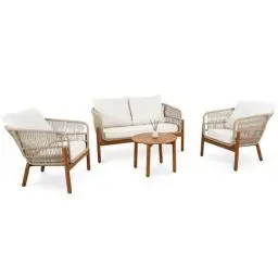 Produktbild: di volio Gartenmöbel-Set Deli Beige/Beige, Gartenmöbel aus Stahl und Akazienholz - 1 Couchtisch & 2-Sitzer Sofa & 2 Sessel, langlebig und stabil