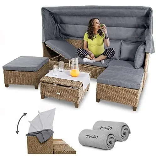 Produktbild: di volio Gartenmöbel-Set Luca aus Polyrattan, 4-teilig, 1 x Sofa mit Vordach, 1 x Couchtisch, 2 x Hocker, inkl. Polsterkissen, Sofaauflage, Rückenlehnen-Kissen und 1 Fleece-Decke