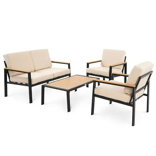 Produktbild: di volio Gartenmöbel-Set Merano Schwarz/Beige, Terrassenmöbel aus wasserfestem Materialien, Gartenmöbel für 4 Personen - Couchtisch & 2 Stühle & 2-Sitzer Sofa