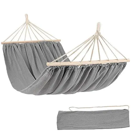 Produktbild: di volio Hängematte Outdoor & Indoor für 2 Personen mit Holzstangen - Doppelhängematte mit Tragetasche und Befestigungsset für Garten, Balkon, Terrasse (Hellgrau)