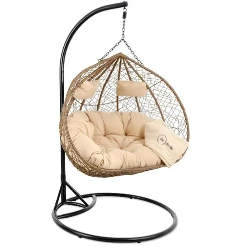 Produktbild: di volio Hängesessel FOGGIO Hängekorb Gartenschaukel für Garten und Terasse inkl. Kissen + Fleecedecke (Braun)