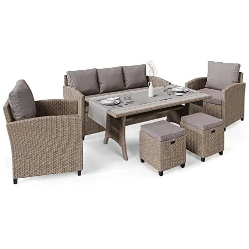 Produktbild: di volio Polyrattan Sitzgruppe Genova - Lounge Set für Garten und Terrasse mit Sofa, 2 Sesseln, 2 Hockern & Tisch - Gartenmöbel-Set in schöner Rattan-Optik (Beige)
