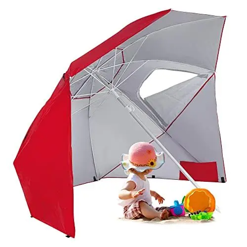 Produktbild: di volio Sonnenschirm 2 in 1 Strandschirm Standschiirm mit Fenster und Windschutz - UV-beständiges Material (rot)