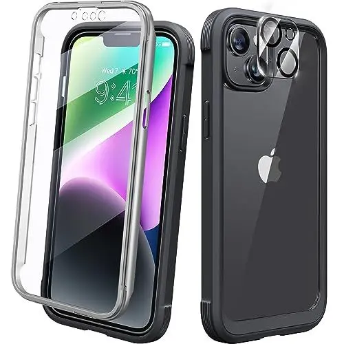 Produktbild: Diaclara Entworfen für iPhone 14 Hülle, vollumschließende Hülle mit integriertem berührungsempfindlichen kratzerabweisendem Displayschutz, Stoßfeste Fullbody Handyhülle+Kamera-Schutzfolie (Schwarz)