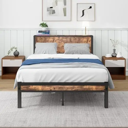Produktbild: Diahomy Metallbett Bettgestelle mit Lattenrost, Doppelbett/Einzelbett, Bettrahmen mit Kopfteil| Bettrahmen Holz Metallbett Bettgestell aus Metall mit Lattenrost 120x200,Doppelbett 120 x 200 cm | Braun