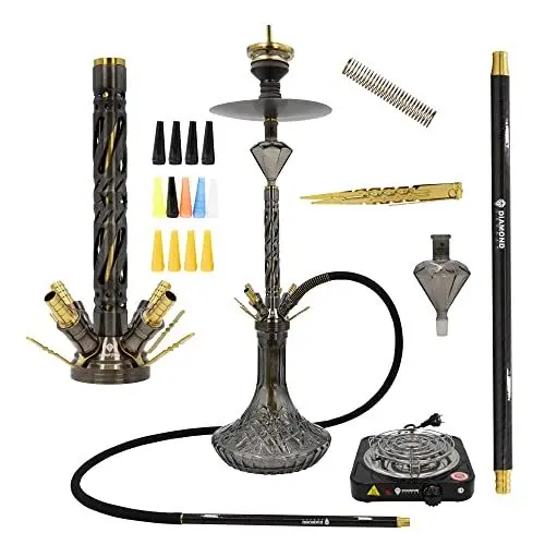 Produktbild: DIAMOND HOOKAH Premium HURCACANN Shisha KOMPLETTSET, Shisha Edelstahl mit 4 Anschlüsse + Mundstücke + Kohlenanzünder 1000 Watt 18/8 Schliff, Molassefänger (Huracann 12.0 BLK)