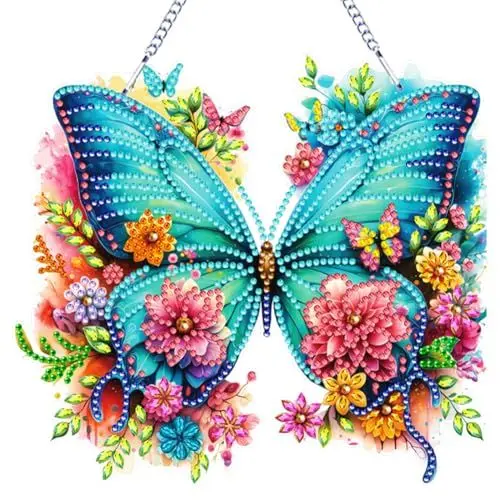 Produktbild: Diamond Painting Schmetterling Anhänger 5D Diamant Painting Kranz mit Kette Diamant Malerei Fensterbilder Wandbehang Kits für Fenster Wand Und Eingang Decor Geschenk