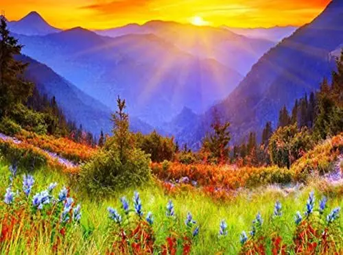 Produktbild: Diamond Painting Set, Bild mit Motiv Sonnenaufgang und Zubehör, Größe ca. 35 x 25 cm, Bastelset zum Malen mit Glitzersteinchen für Kinder ab 5 Jahren