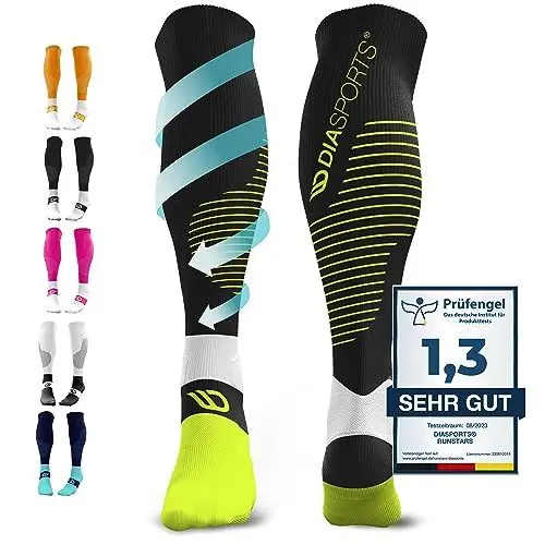 Produktbild: Diasports Kompressionsstrümpfe Sport, Laufen, Marathon und Triathlon RUNSTARS | Erstklassige Kompressionssocken mit gleichmäßiger Kompression und verstärkter Ferse für Damen und Herren (Schwarz, L)