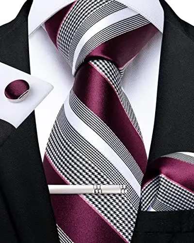 Produktbild: DiBanGu Burgund und Grau Gestreift Krawatte für Herren formellen Seiden-krawatte und Einstecktuch Manschettenknöpfe Hochzeit Party Krawattenklammer Set