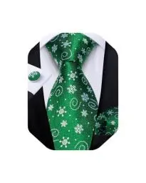 Produktbild: DiBanGu Mens Weihnachten Krawatte Set Lustige festliche Krawatte Gewebte Pocket Square Manschettenknöpfe Set mit Geschenkbox, Grün und weiß Schneeflocke