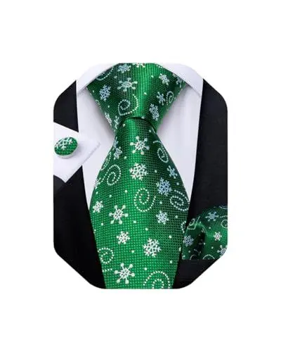 Produktbild: DiBanGu Mens Weihnachten Krawatte Set Lustige festliche Krawatte Gewebte Pocket Square Manschettenknöpfe Set mit Geschenkbox, Grün und weiß Schneeflocke