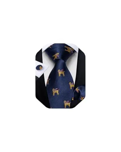 Produktbild: DiBanGu Mens Weihnachten Krawatte Set Lustige festliche Krawatte Gewebte Pocket Square Manschettenknöpfe Set mit Geschenkbox, Marineblau und Gold