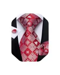 Produktbild: DiBanGu Mens Weihnachten Krawatte Set Lustige festliche Krawatte Gewebte Pocket Square Manschettenknöpfe Set mit Geschenkbox, Rot weiß Schneeflocke