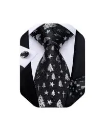 Produktbild: DiBanGu Mens Weihnachten Krawatte Set Lustige festliche Krawatte Gewebte Pocket Square Manschettenknöpfe Set mit Geschenkbox, Schwarz und Weiß Weihnachtsbaum
