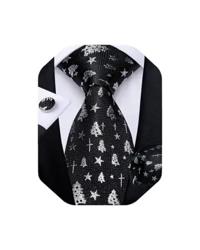 Produktbild: DiBanGu Mens Weihnachten Krawatte Set Lustige festliche Krawatte Gewebte Pocket Square Manschettenknöpfe Set mit Geschenkbox, Schwarz und Weiß Weihnachtsbaum