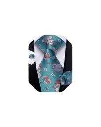 Produktbild: DiBanGu Mens Weihnachten Krawatte Set Lustige festliche Krawatte Gewebte Pocket Square Manschettenknöpfe Set mit Geschenkbox, Türkis Schneemann