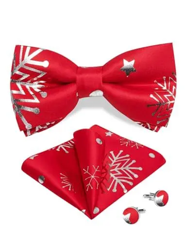 Produktbild: DiBanGu Mens Weihnachten Pre-Tied Fliege Seide Festival Fliege und Pocket Square Manschettenknopf Set für Weihnachtsfeier Urlaub, leuchtendes rot und silber
