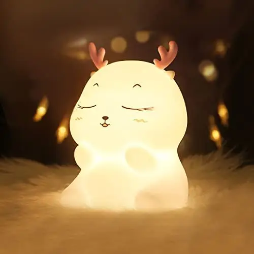 Produktbild: Diboniur LED Nachtlicht Kinder Reh, 9 Farben Kawaii Nachtlicht Baby, Silikon Stilllicht Dimmbar für Mädchen, Kawaii Nachttischlampe Kinderzimmer Deko, USB Aufladung | Touch Steuerung | Timer