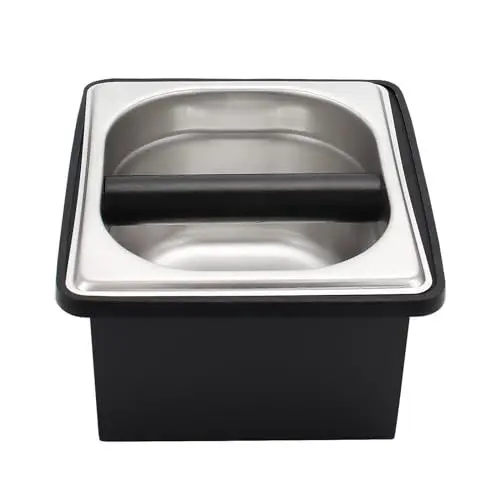 Produktbild: DIBTSA Abklopfbehälter, Espresso-Klopfbox, Edelstahl-Kaffee-Pucks-Behälter, Abschlagbehälter mit Stahlhalter und geräuschreduzierendem Gummiring (18,5 x 17,3 x 10,8 cm)