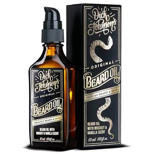 Produktbild: Dick Johnson Bartöl Whiskey Vanille Duft 50 ml – Bart Öl mit Arganöl, Jojobaöl und Mandelöl – Bartpflege für Männer zur täglichen Anwendung & Bartwachstum – Geschenk für Männer – Made in Finnland