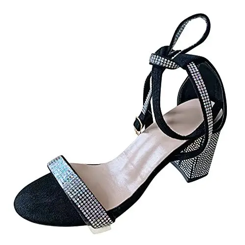 Produktbild: Damen Strasssteine Dicker Absatz Pumps,Elegant Blockabsatz Pumps Peep-Toe Slingback knöchelriemchen Sandalen Blockabsatz Sommerschuhe Hochzeitsschuhe Schwarz,40