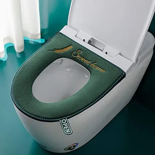 Produktbild: Dicker, weicher WC-Sitzbezug für das Badezimmer, mit Griff, WC-Deckelbezug, Kissen, weich, dicker, waschbar, weich, dick, warm, für Badezimmer, passend für längliche WC-Sitze (grün)