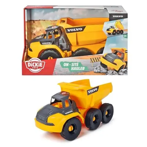 Produktbild: Dickie Toys Volvo Muldenkipper, Spielzeug Kipplaster mit Freilauf, bewegliche Gelenkachse hinter Führerhaus, bewegliche Ladefläche, offene Kabine, 26 cm, gelb/grau