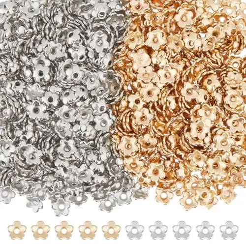 Produktbild: DICOSMETIC 1000 Stück Perlenkappen 2 Farben Blumenabstandperlen Plastikende Perlenkappen Gold Und Silber CCB Perlenkappen Für DIY Ohrringe Armbänder Halsketten Schmuckherstellungszubehör