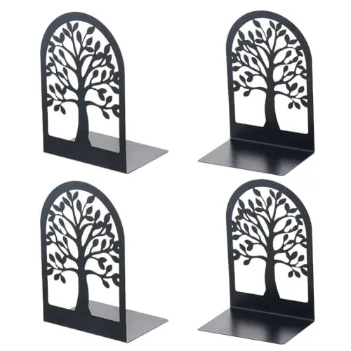 Produktbild: DICOSMETIC 2 Set 4Pcs Schwarzes Buchstütze Metall Dekorative Buchstütze Baum des Lebens Buchstützen Einzigartige Schwere Buchstützen Bücherhalter Ornamente Buchstütze Für Schlafzimmer Bücherregal