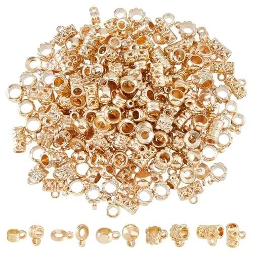 Produktbild: DICOSMETIC 300 Stück Bail Tube Beads 5 Stile Kunststoff Bail Perlen Tibetischer Stil Perlencharms Goldene Säulen Zwischenperlen Mit Charm Schleifenrohr Verbinder Für Die Schmuckherstellung