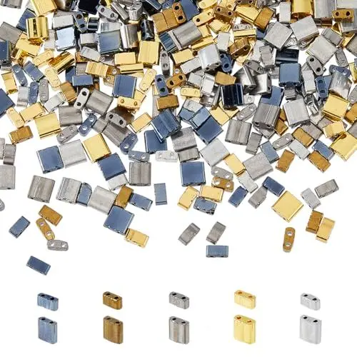 Produktbild: DICOSMETIC 350 Stück Rechteckige Tila Perlen 5 Farben 2 Loch Glasperlen Gold Silber Rotguss Hämatit Halbgeschnittene Tila Perlen Zur Schmuckherstellung Bohrung: 0.5 0.8mm