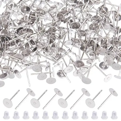 Produktbild: DICOSMETIC 400 Stück Edelstahl Ohrring Posts Mit Flachem Pad Ohrring Studs 5mm Runde Ohrring Stud Rohlinge Ohrring Pin Mit 400 Stück Ohrringmuttern Zum Schmuckherstellen