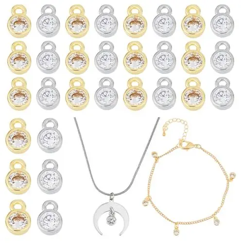 Produktbild: DICOSMETIC 40 Stück 18K Vergoldet Cubic Zirkonia Kristallanhänger 2 Farben Runde Kristallanhänger Messing Strassanhänger Kristall Geburtssteinanhänger Für Die Schmuckherstellung Bohrung: 1.2mm