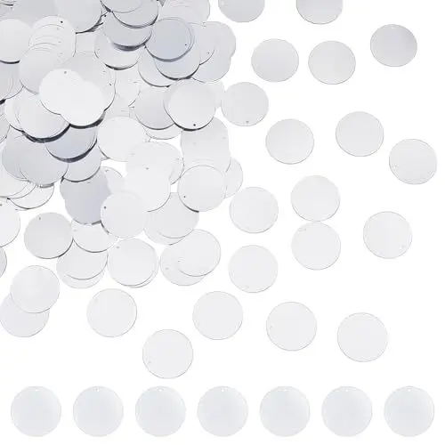Produktbild: DICOSMETIC 600 Stück Große Pailletten In Flacher Runder Form In Bulk 28.5mm PVC Pailletten Silber Stickerei Bastel Pailletten Für Kleidung Schuhe Kleider DIY Nähzubehör Bohrung: 1.5mm