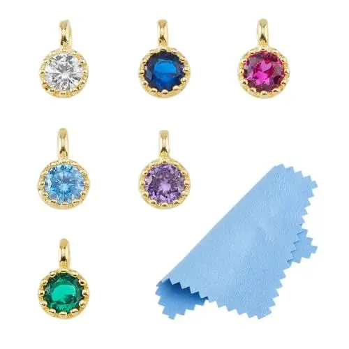 Produktbild: DICOSMETIC 6 Stück 6 Farben 925 Sterling Silber Runde Cubic Zirkonia Charms Flache Geburtsstein Anhänger Mit Schlaufen Vergoldete Kristall Anhänger Für Schmuckherstellung