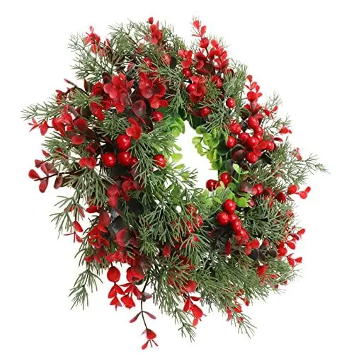Produktbild: Didiseaon Beerenzweig Weihnachtskranz mit Roten Beeren Weihnachtskiefer Winterkranz Weihnachtsstechpalmenbeere Türkranz für Urlaub Festival Haus Bauernhaus Wanddekor Beerengirlande