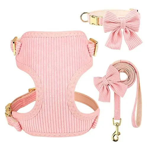 Produktbild: Didog süße Halsband Harness und Leine Set für Große Hunde, verstellbare Halsbänder und Leinen mit Fliege, atmungsaktive weiche Mesh-Polsterverkleidung für Mittlere Hunde beim Gassi gehen, Rosa, M