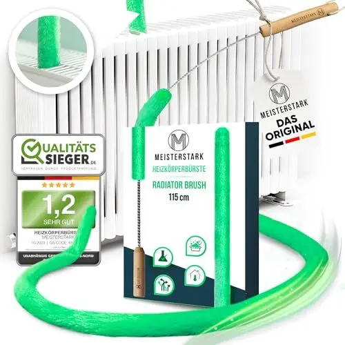 Produktbild: DIE ORIGINAL Heizungsbürste lang 115cm (NOTE 1,2) I Flexible Heizkörperbürste für Heizkörper reinigen & Heizkosten senken I Long Radiator Brush I Heizkörper Reinigungsbürste inkl. Entlüftungsschlüssel