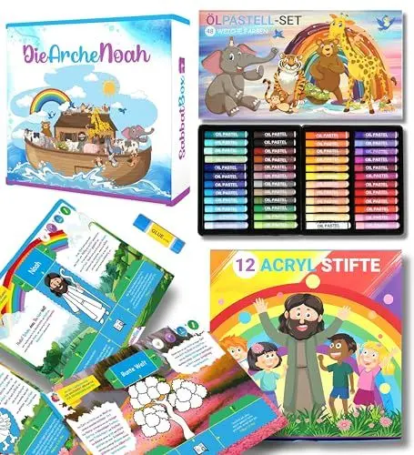 Produktbild: Bastelset und Malset für Kinder – Die Arche Noah Bibelgeschichte als Kreativset, mit 48 Acrylstiften & 48 Ölpastellkreiden – Kreative Bastelbox für Jungen und Mädchen (3-10 Jahre)