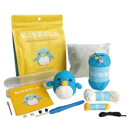 Produktbild: Die Bobbels“ Einsteiger Häkelset für Anfänger mit kinderleichtem Garn, Hilfsmitteln und Schritt-für-Schritt Videoanleitung (Pinguin)