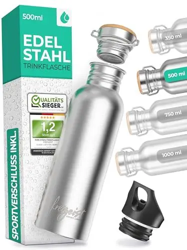 Produktbild: Die Trinkflasche Edelstahl 500ml + EXTRA Sportverschluss, Edelstahl Trinkflasche 750ml, 500ml + 350 ml, Water Bottle, Trinkflasche 1l Edelstahl, water bottle, Trinkflasche Spülmaschinenfest 1l