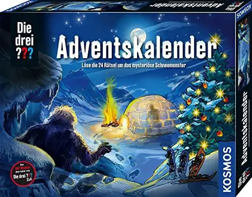 Produktbild: Die drei ??? Adventskalender 2023 von KOSMOS 632533, Löse die 24 spannenden Rätsel um das mysteriöse Schneemonster, Spielzeug- und Rätsel-Adventskalender für Kinder