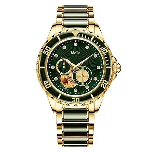 Produktbild: Diella Luxus Uhren Herren Datumsanzeige, Skelett Herren Automatik Uhren Wasserdicht, Gold Edelstahl und Schwarz Jade Herren Armband Uhren (Modell: AD6025)