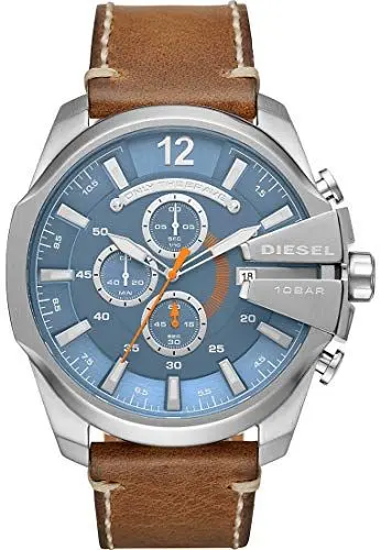 Produktbild: Diesel Herrenuhr Mega Chief, QuarzChronographenwerk, 51mm Silbernes Edelstahlgehäuse mit Lederarmband, DZ4458